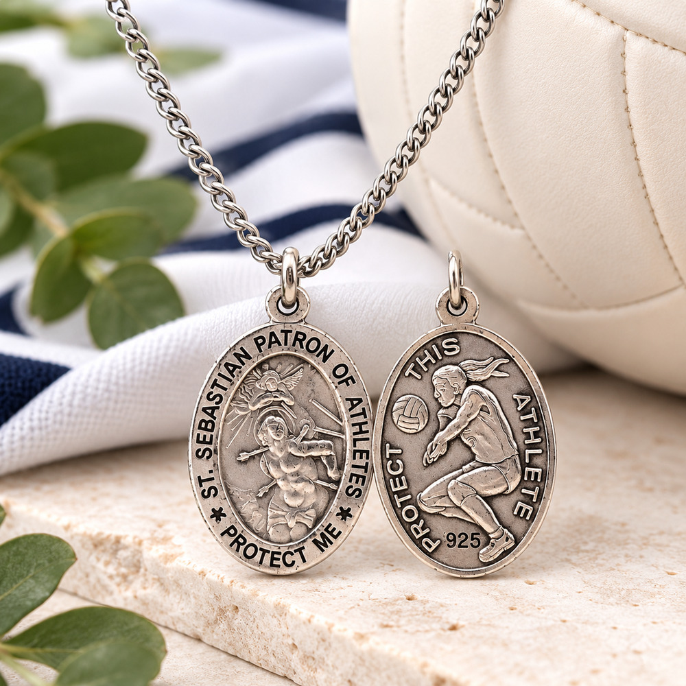 St Sebastian 925 Sterling Silver Volleyball Medal Necklace 18" 316 Steel Chain